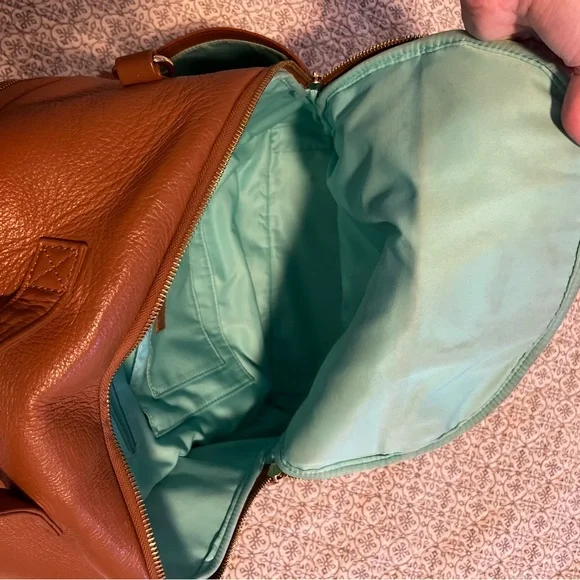 Lily Jade Brown Leather Backpack diaper bag with Teal Lining and accessories - Picture 3 of 14